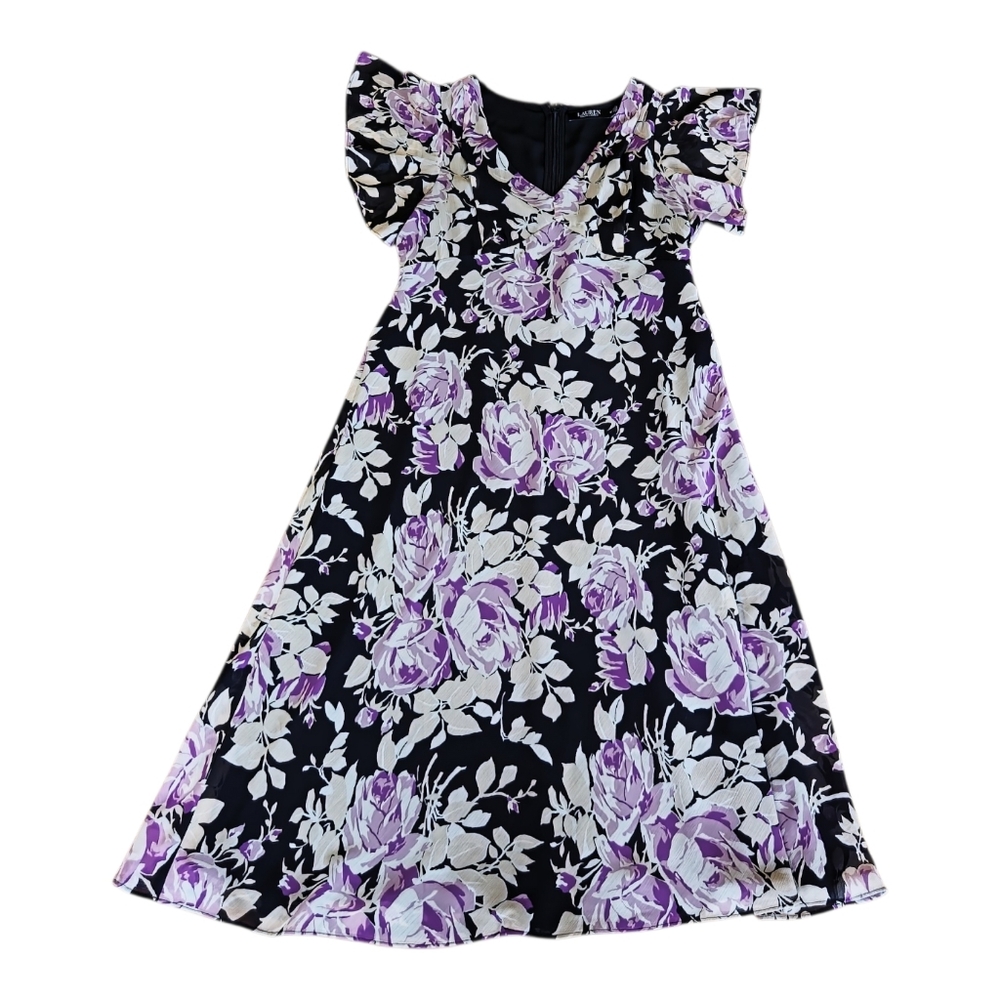 Lauren Ralph‎ Lauren Floral Flutter Sleeve 8P  Midi Dress Wedding Guest Brunch